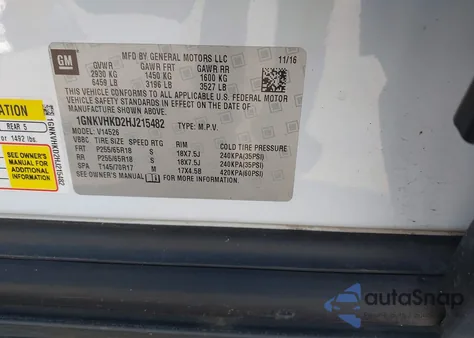 2017 Chevrolet Traverse 2Lt из США, поврежденный, VIN 1GNKVHKD2HJ215482